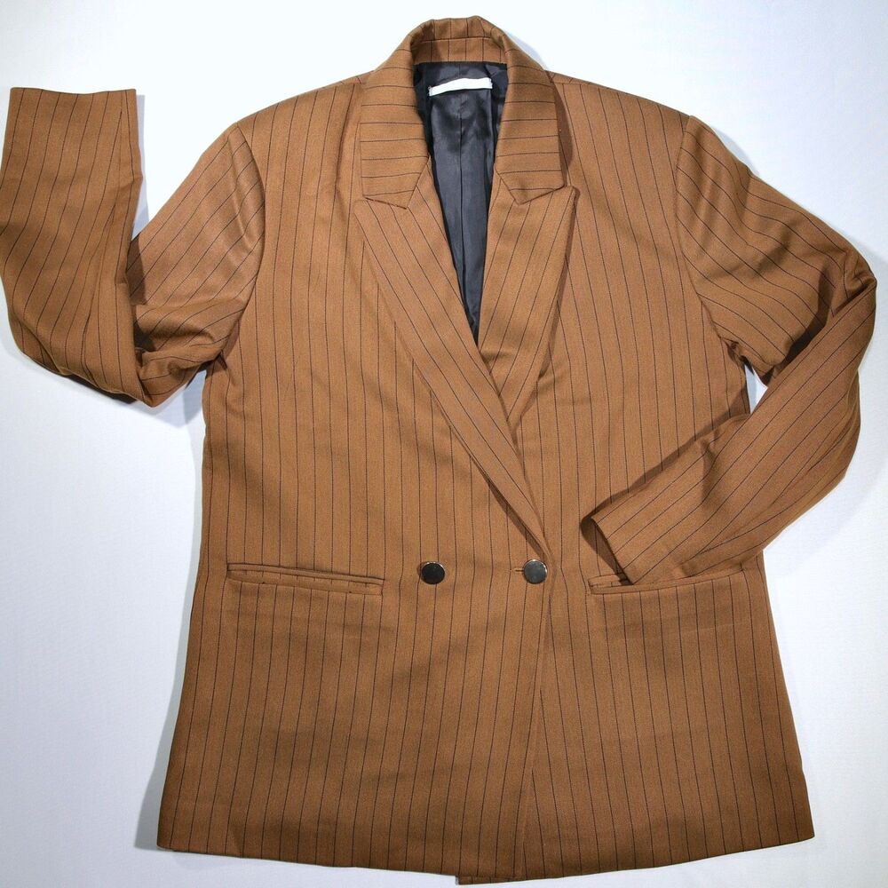 Imperial Italy Brown Pinstripe Blazer Women M Double Breasted Jacket Dark Academ